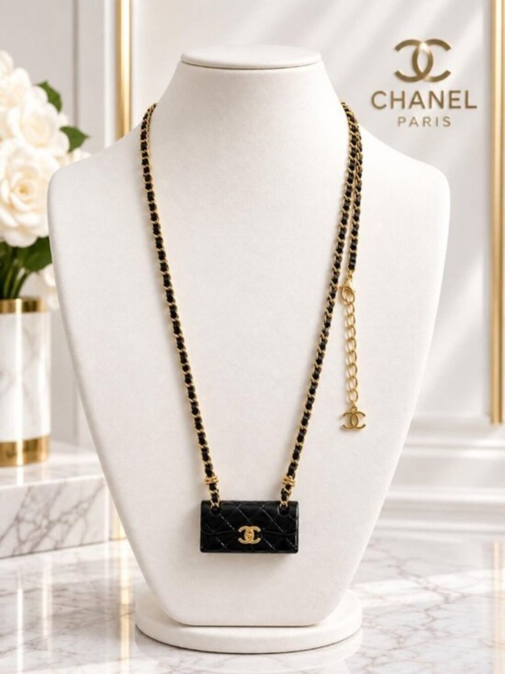 Authentic Chanel Mini Flap Bag Pendant Black Gold Tone Chain Necklace
